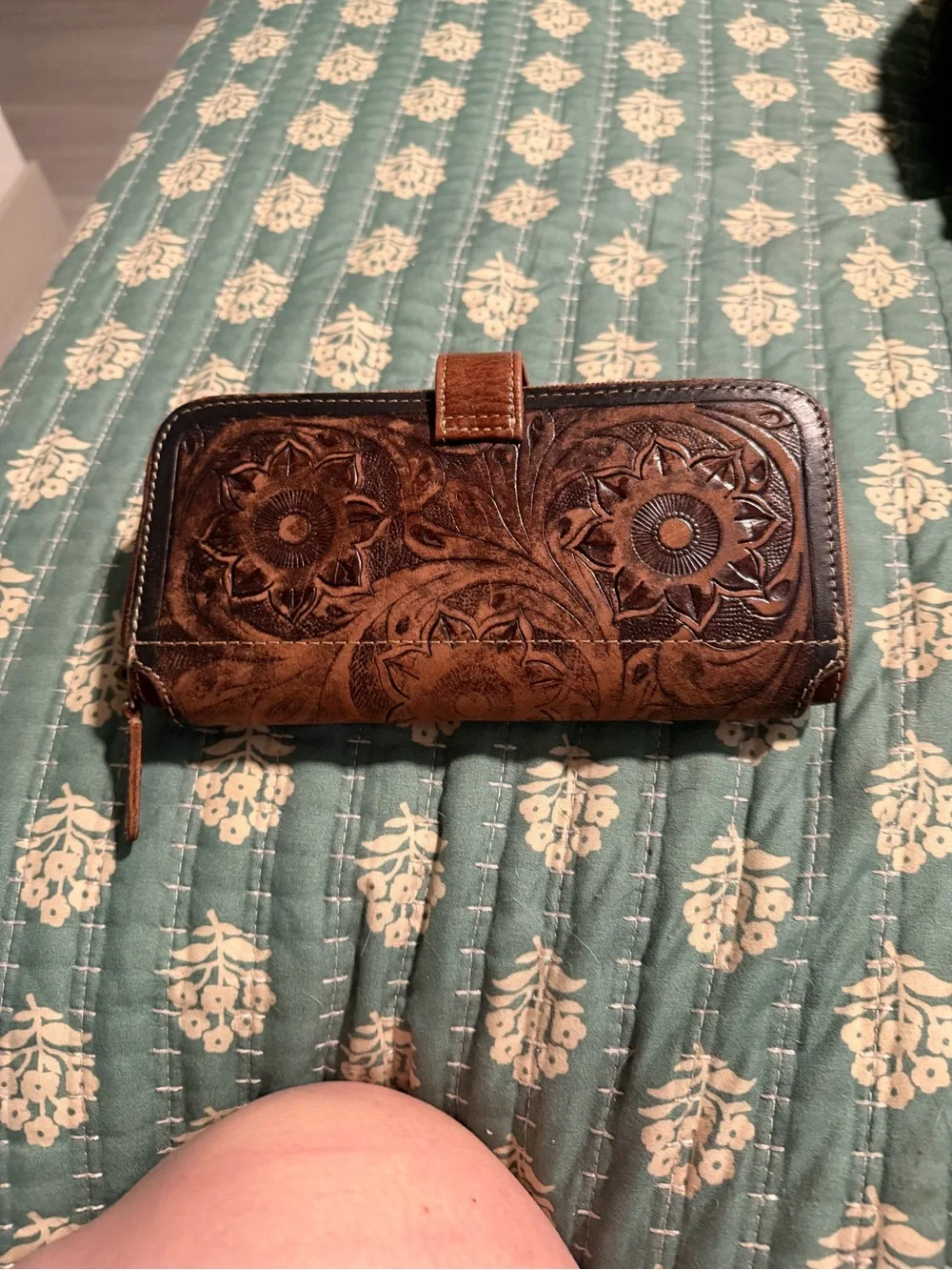 Brown Floral Tooled Leather Phone Wallet Case with Turquoise Accent